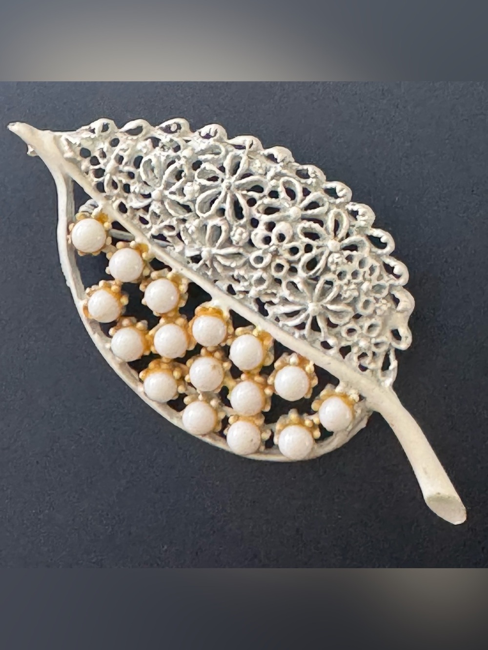 Vintage White and Gold Leaf Brooch - Elegant Women’s Jewelry